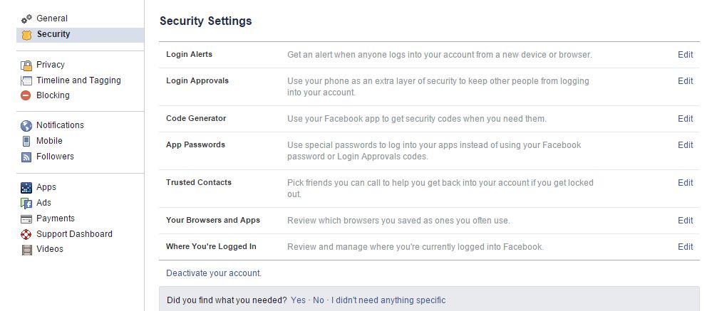 Facebook security settings